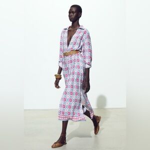 Zara White and Pink Patterned Dress